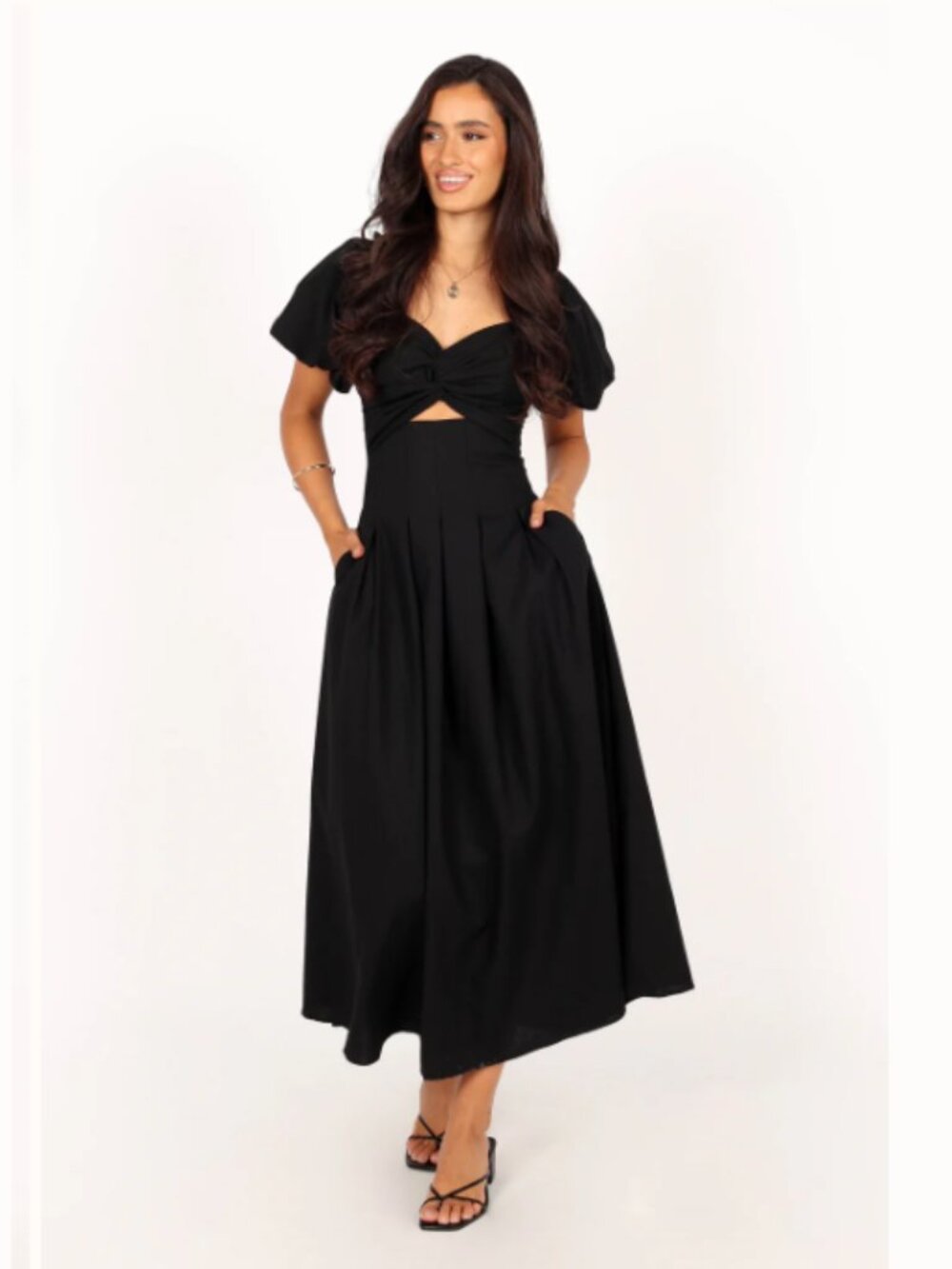Petal & Pup Maria Black Linen Blend Puff Sleeve Midi Dress - Size L